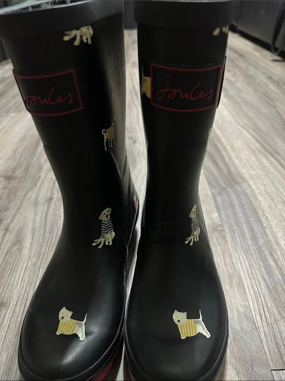 Joules Navy Kids Rain Boots with Red Sole and Dog Motif